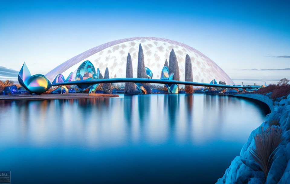 Elaborate futuristic dome with bridge over tranquil waters at dusk