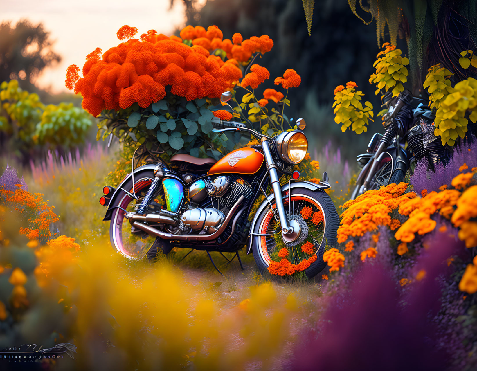 Vintage motorcycle with orange and yellow flowers in colorful garden at sunset