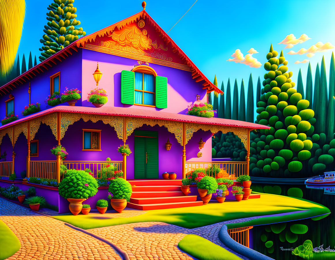 Colorful illustration of purple house with ornate trimmings in greenery under blue sky