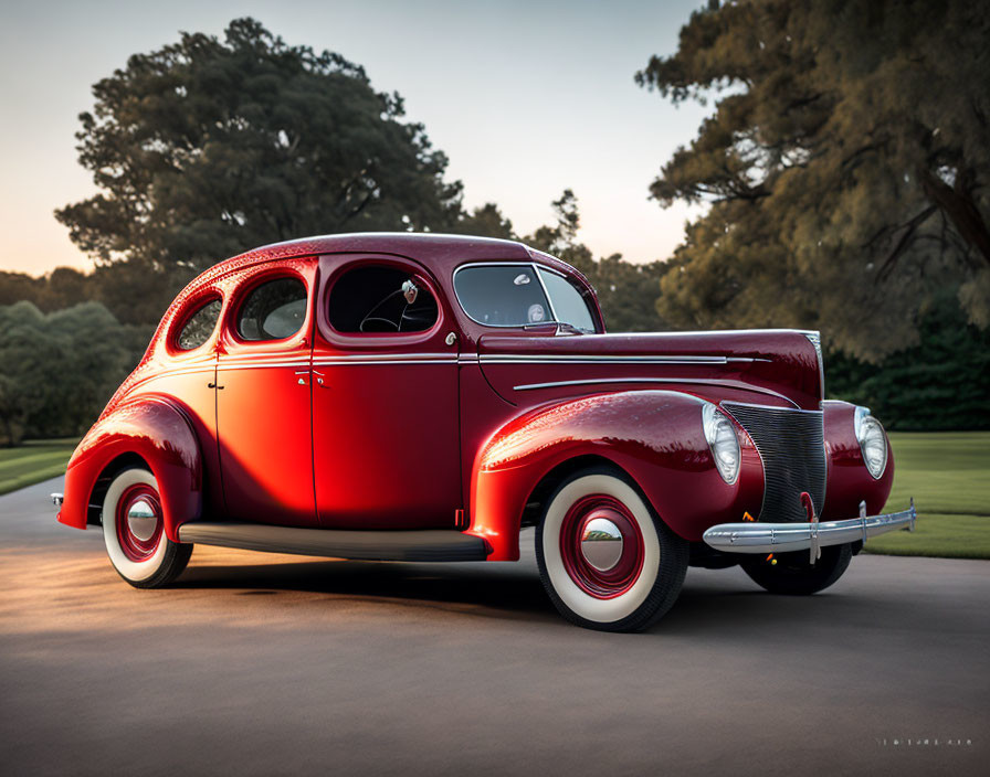 Vintage Red Car with White-Walled Tires on Asphalt Road at Sunset