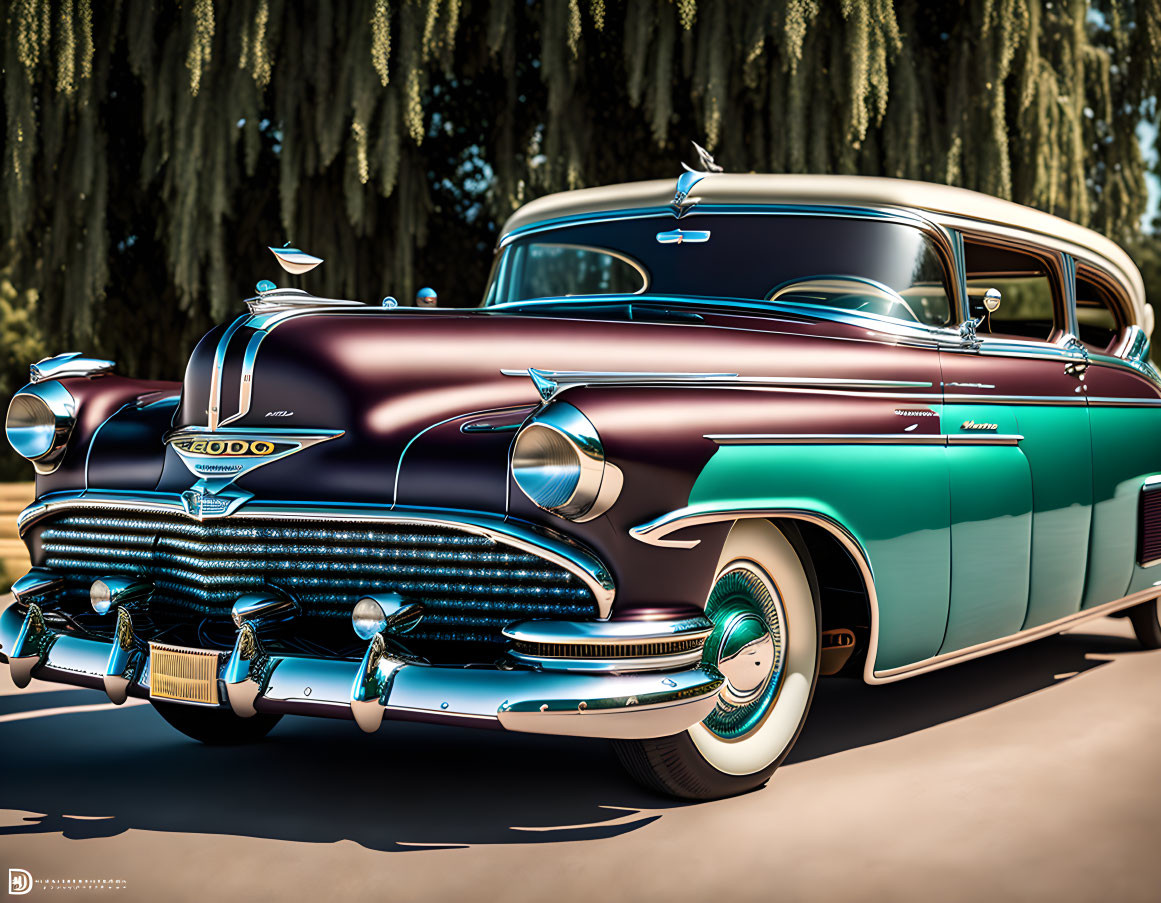 Classic Two-Tone Vintage Sedan with Chrome Detailing and Spanish Moss Tree