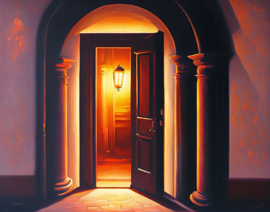 Warmly Lit Hallway with Columns and Hanging Lantern