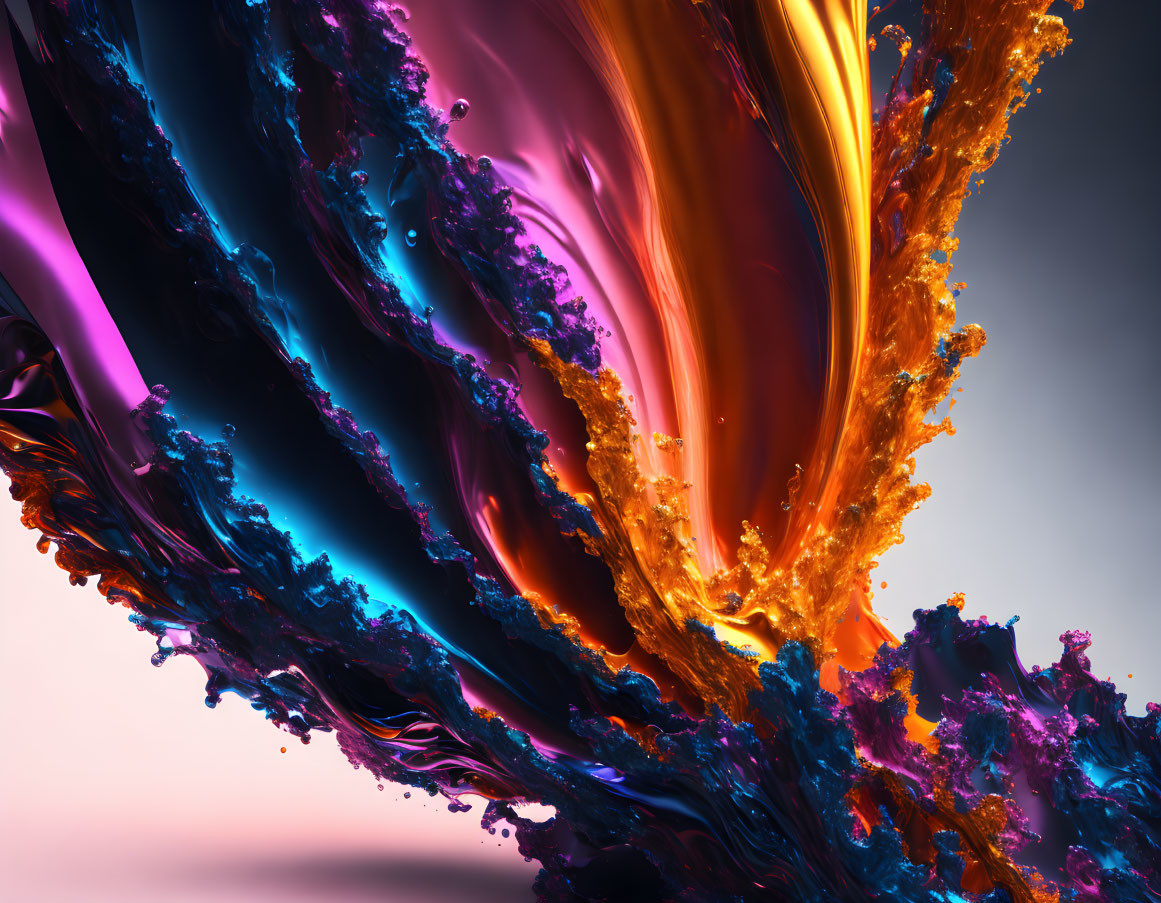 Colorful Abstract Liquid Art: Blue and Orange Swirls on Purple and Pink Gradient