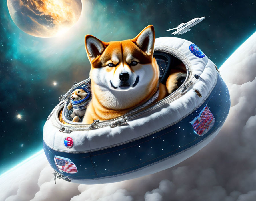 Shiba Inu dogs in spacesuits on whimsical spaceship backdrop