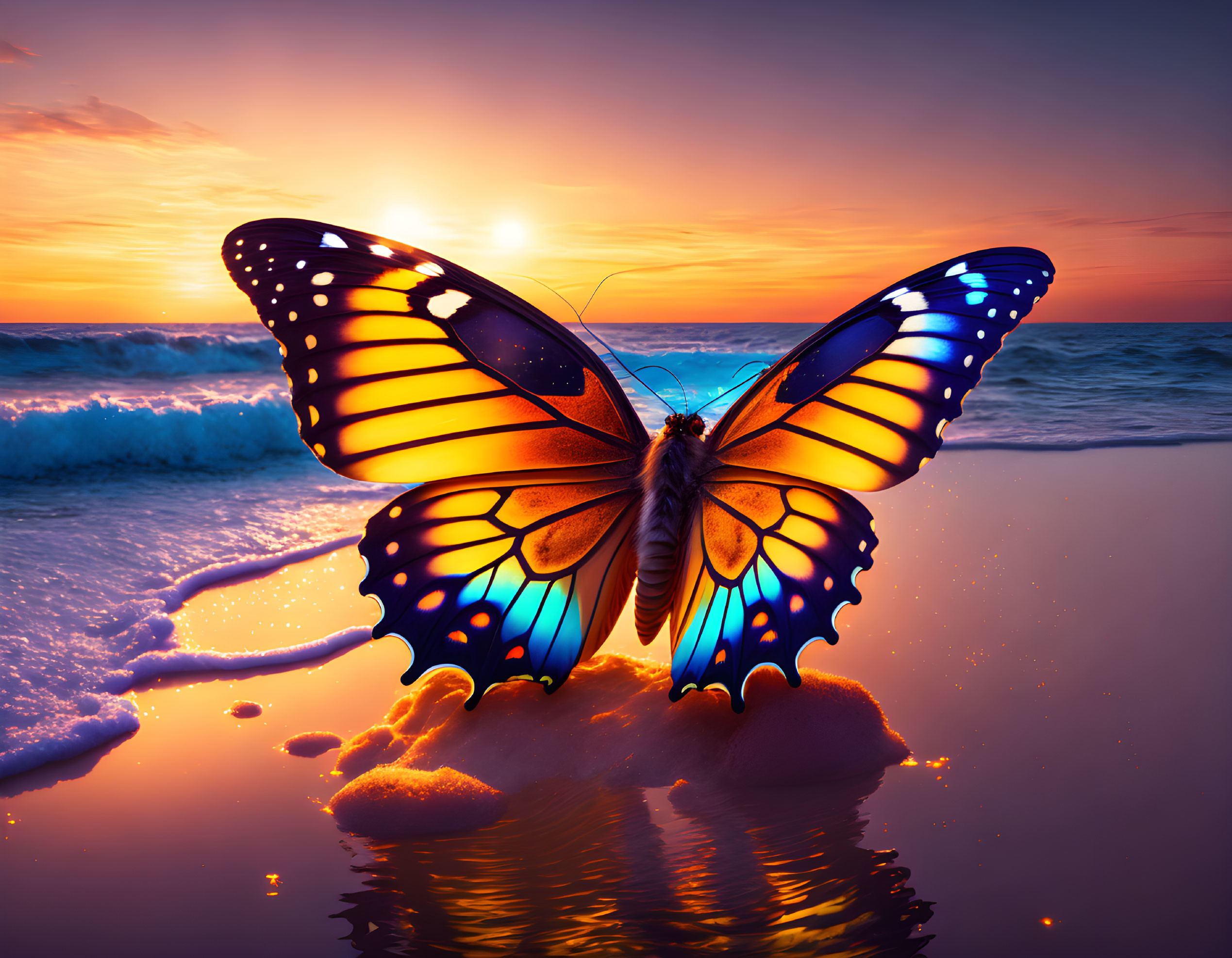 Colorful butterfly on shore at sunset with waves