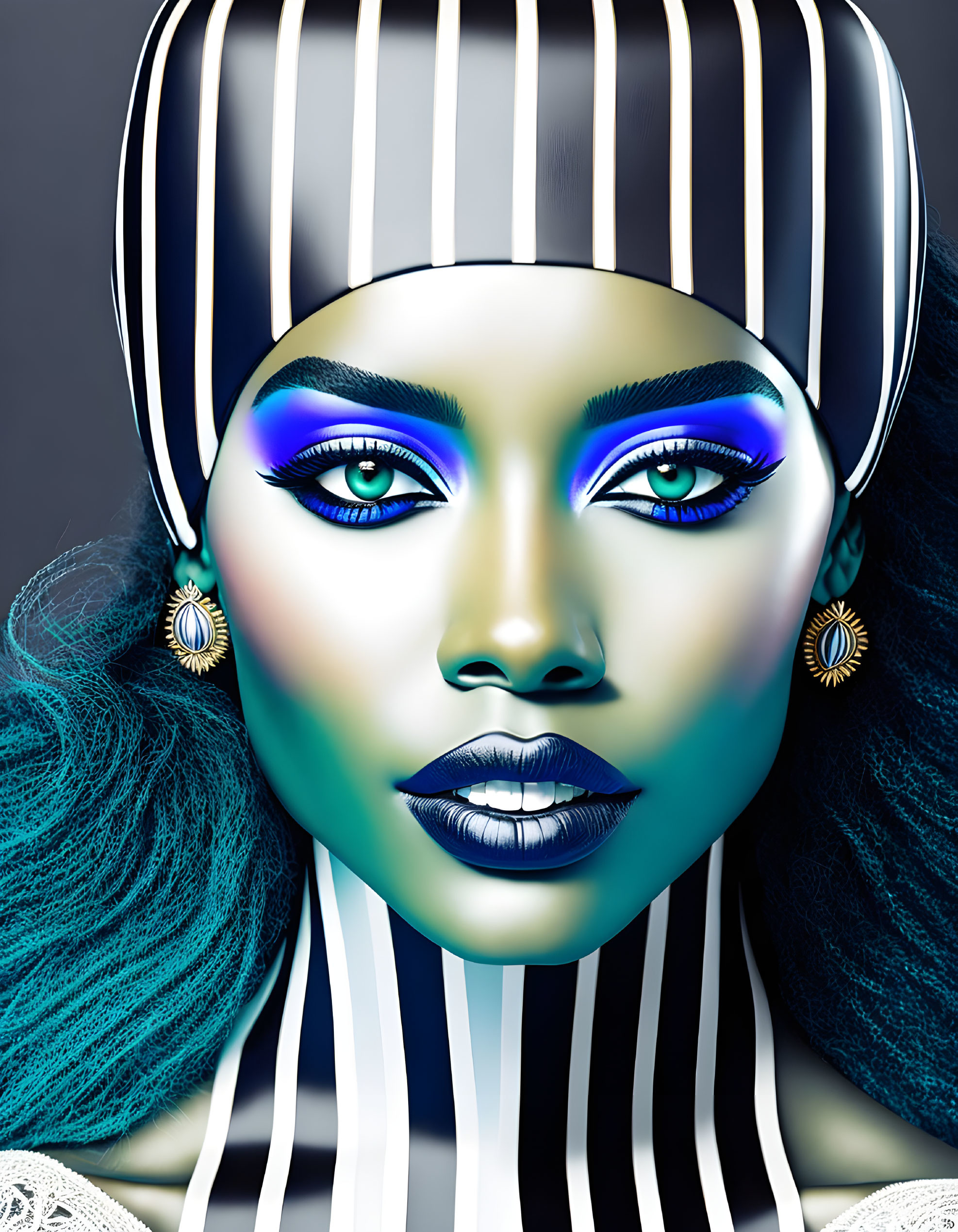 Colorful woman portrait with blue makeup and striped headgear on gray background