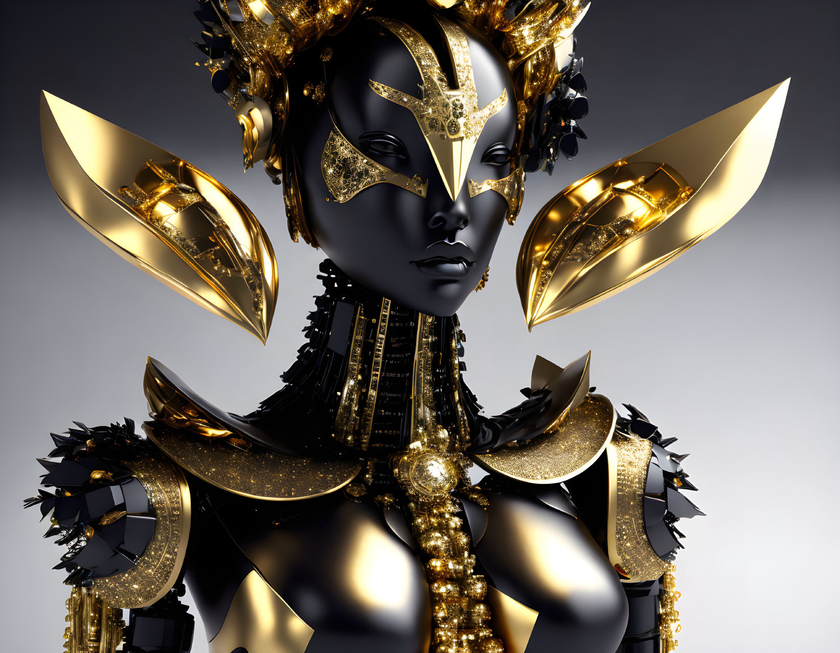 Futuristic female figure in gold and black armor with ornate mask and headdress