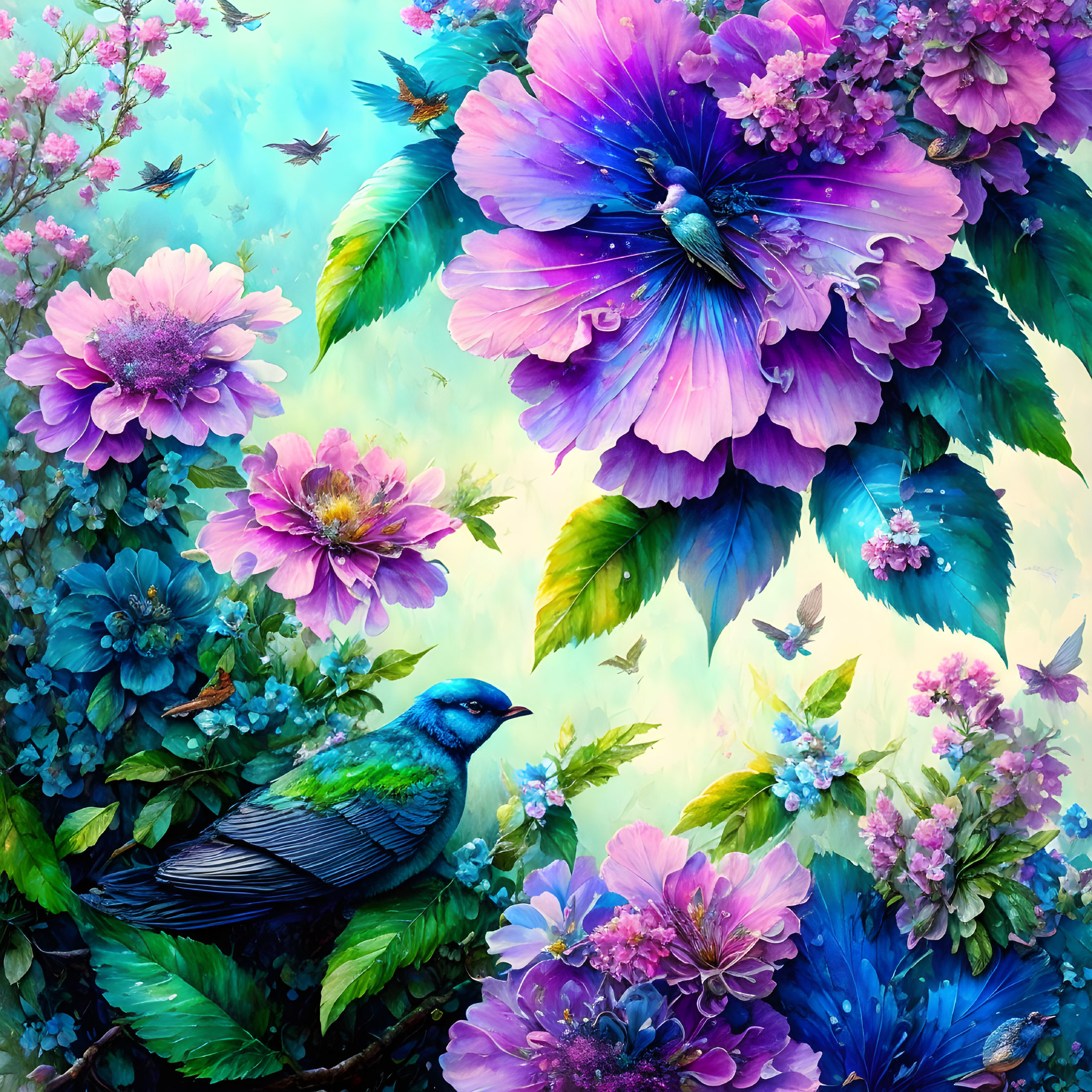 Colorful artwork featuring blue bird, flowers, butterflies, and glowing background