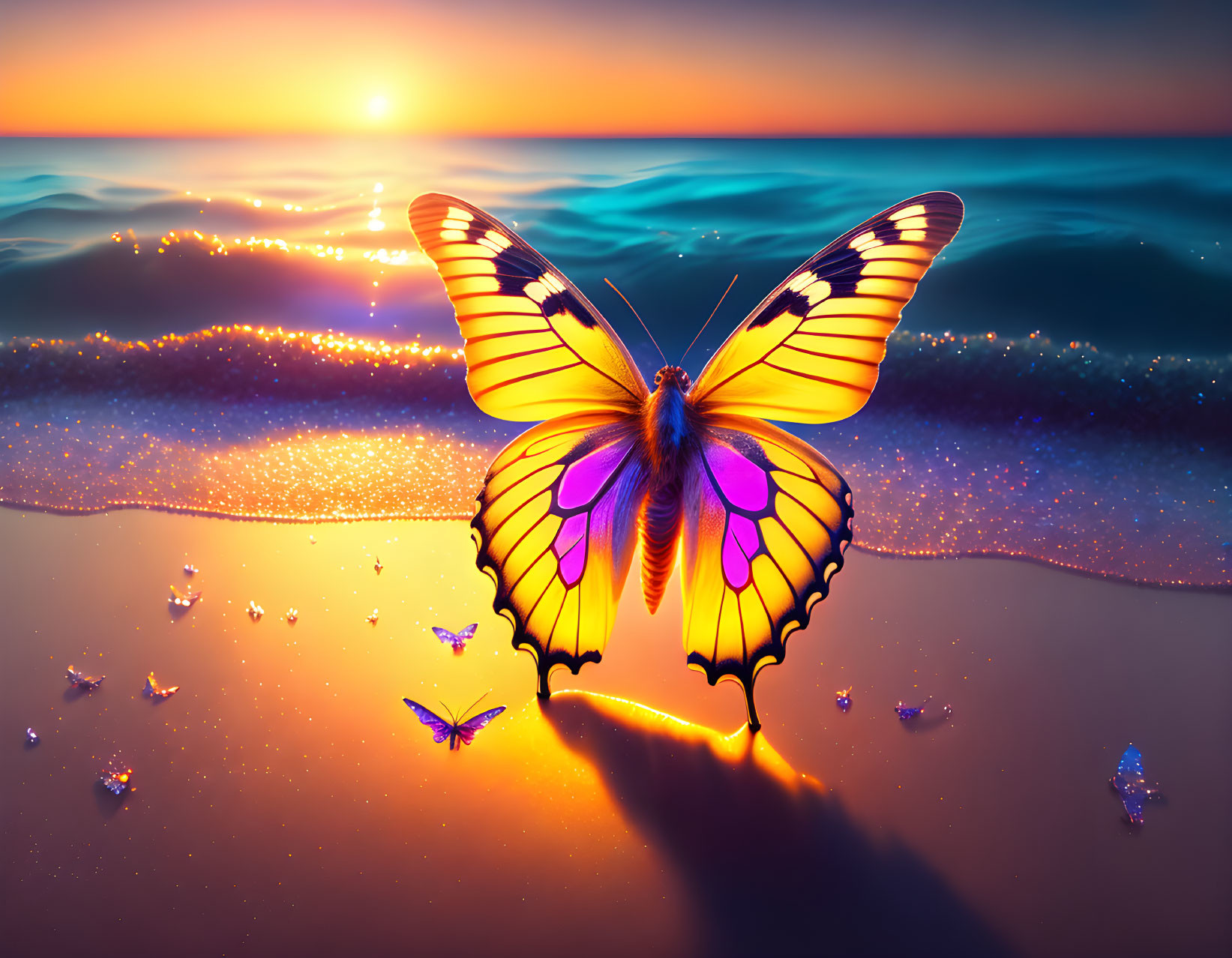 Colorful Butterfly Artwork on Shimmering Beach at Sunset