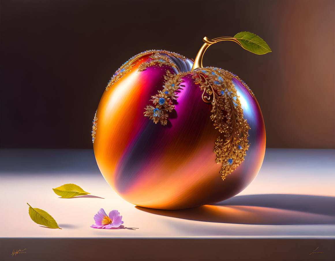 Surreal image: Glossy iridescent apple with intricate fractal patterns.