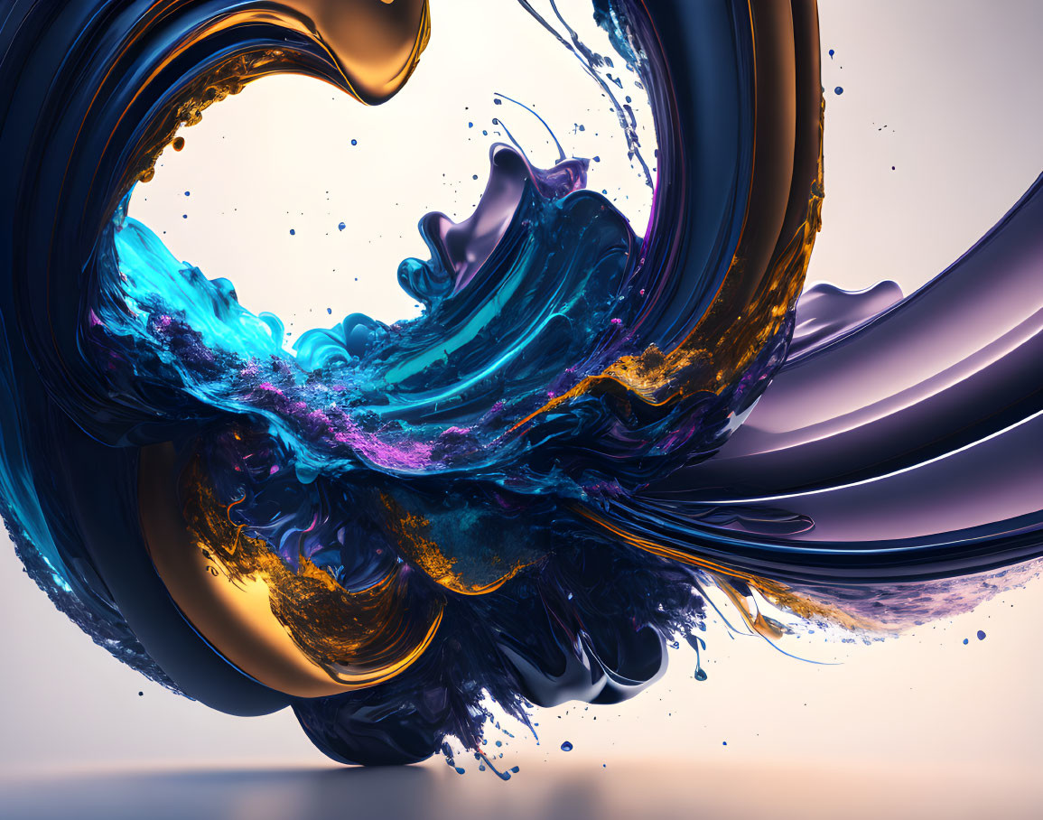 Dynamic Metallic Blue and Gold Liquid Shapes on Gradient Background