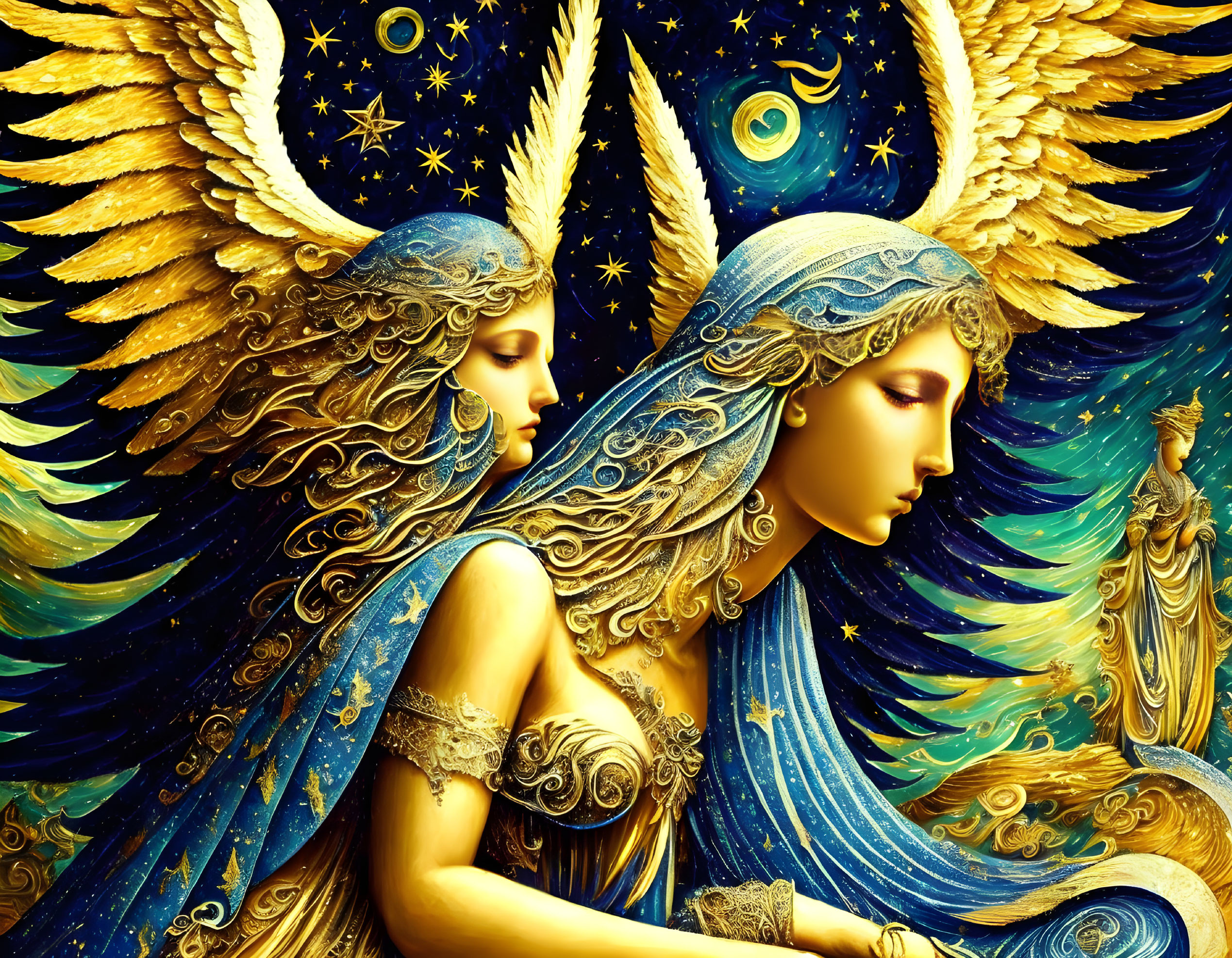 Detailed illustration of angelic figures with golden wings in celestial setting