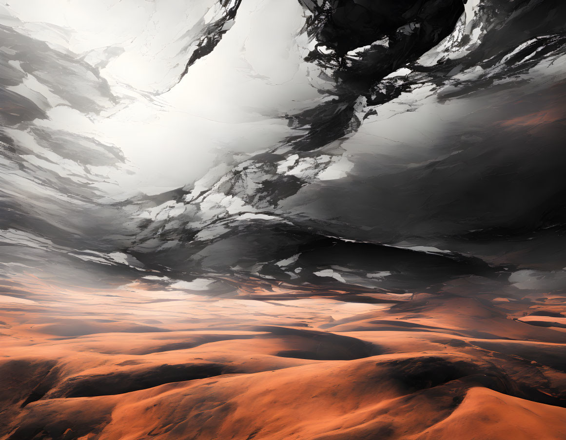 Abstract Dark Clouds Swirling Over Barren Desert Landscape