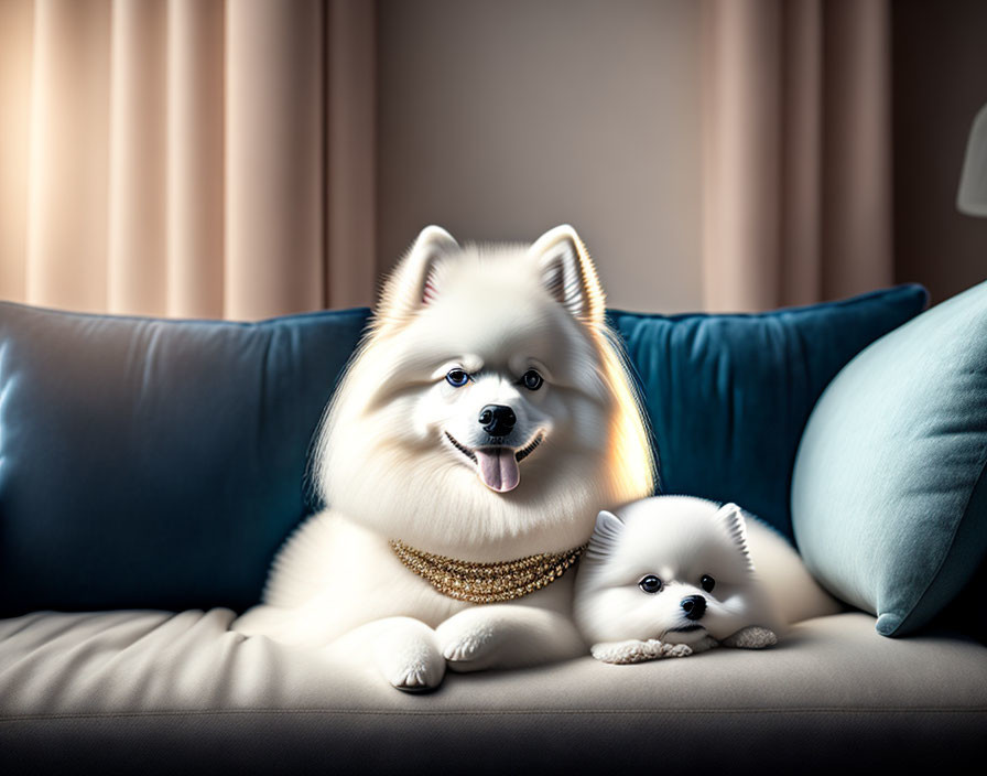 White Pomeranian with Gold Chain and Miniature Toy on Couch