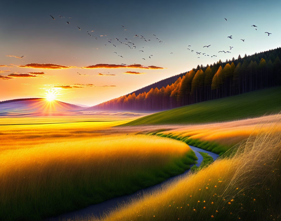 Scenic sunset view over golden field, stream, forest, birds in flight