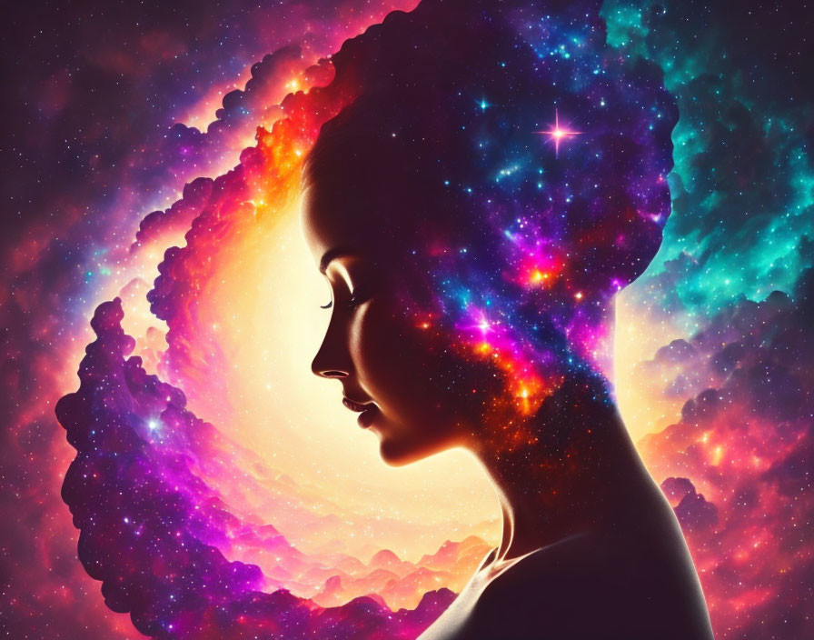 Silhouette profile of woman merged with vibrant cosmic nebula