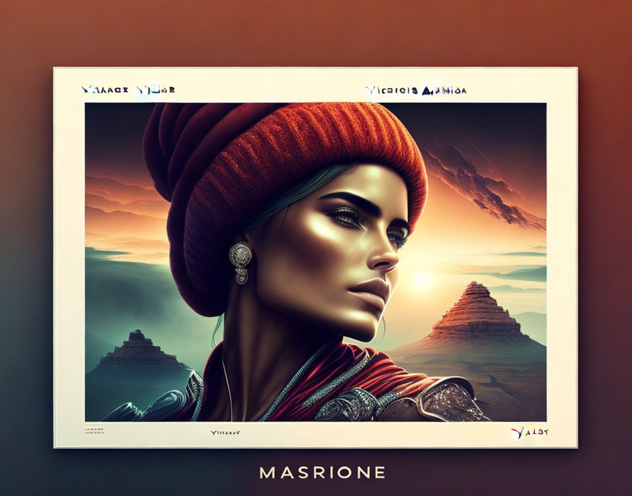 Stylized woman with large red hat and dramatic makeup against pyramid backdrop