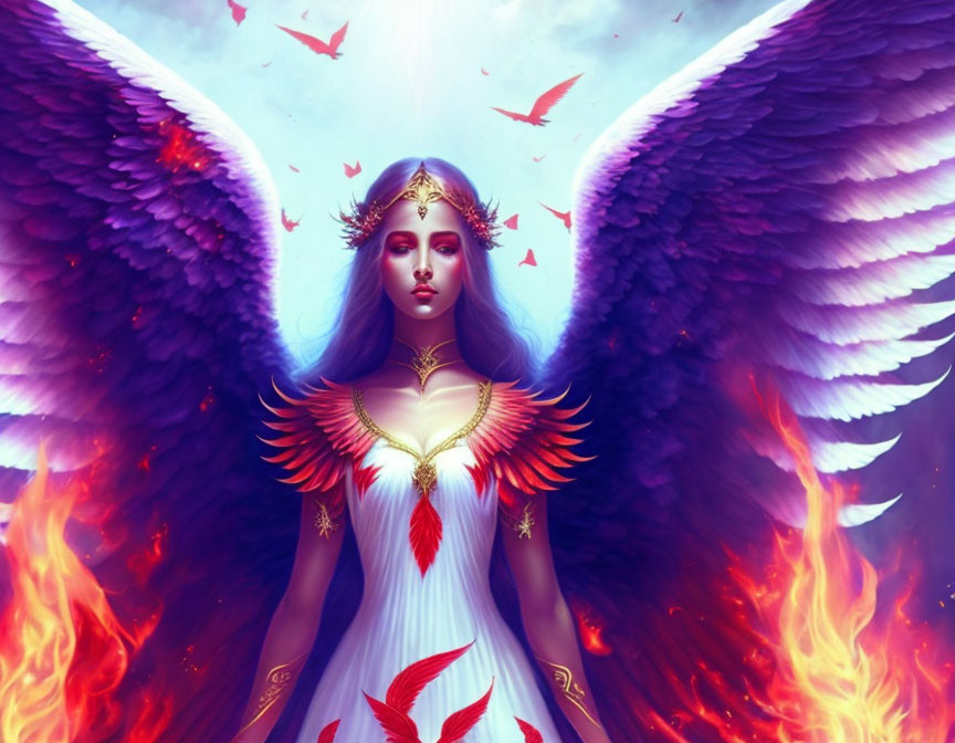 Illustration of winged woman with violet hair in white and gold dress amidst flames and red birds against