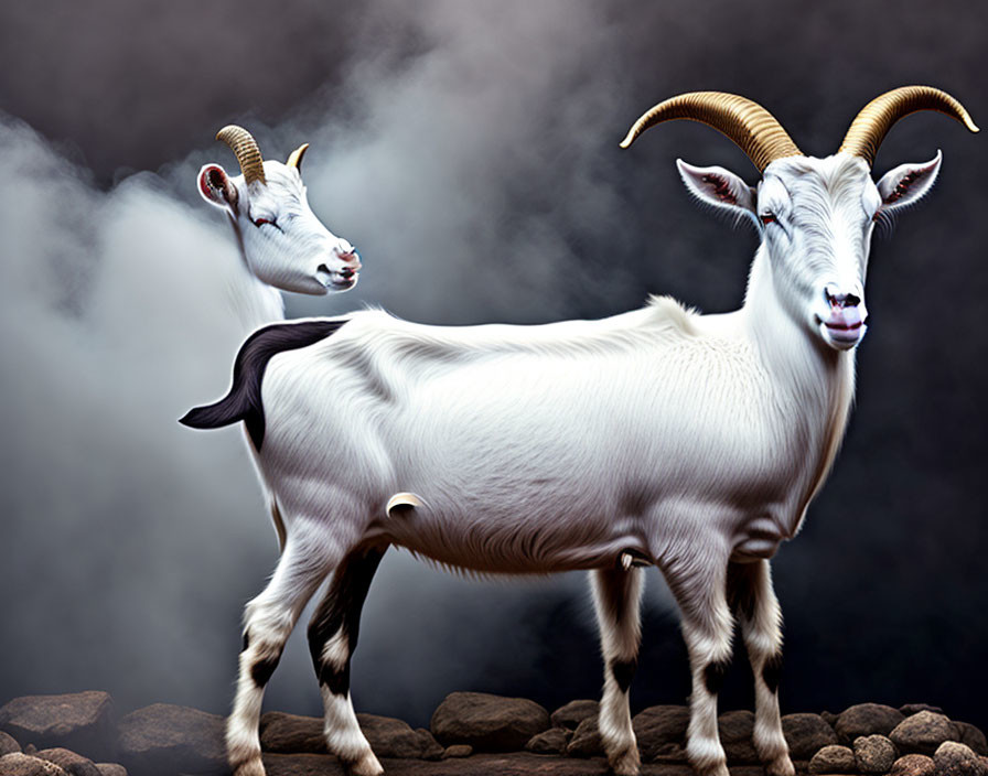 White Goats with Curved Horns on Rocks in Misty Background