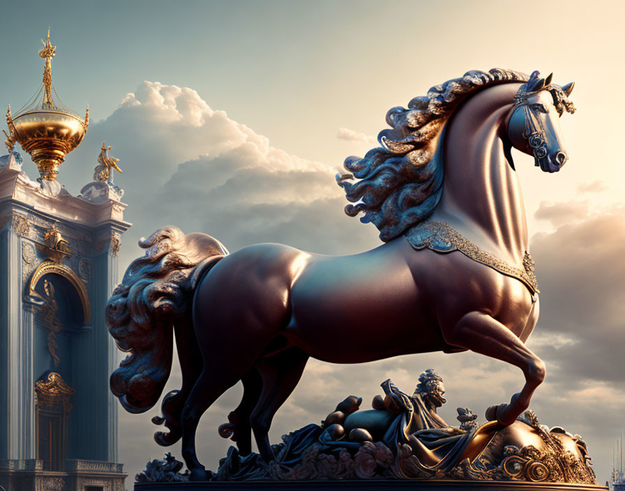 Baroque-style sculpted horse with ornate detailing against cloudy sky