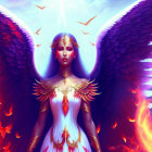 Illustration of winged woman with violet hair in white and gold dress amidst flames and red birds against