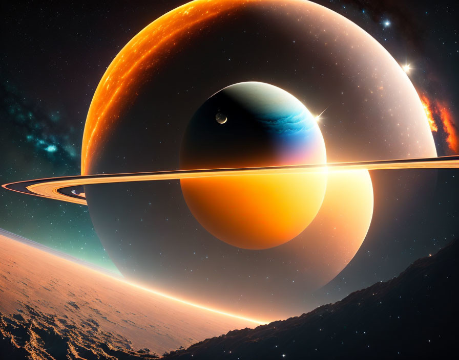 Large celestial bodies with rings in vibrant space scene