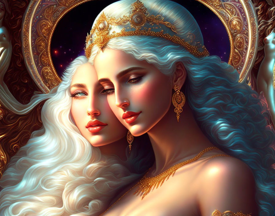 Illustration of two women in ethereal beauty with gold jewelry and crowns against cosmic backdrop