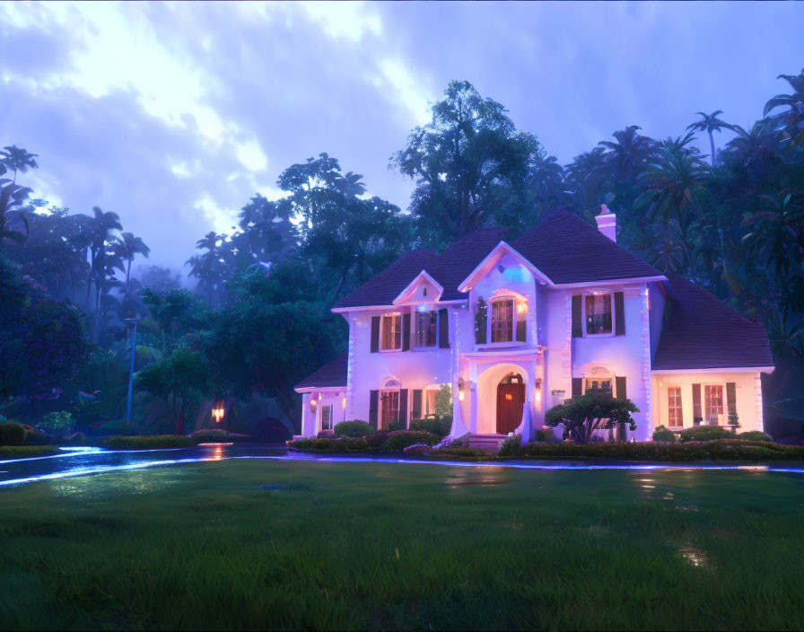 Twilight scene of illuminated two-story house with lush greenery and dramatic cloudy sky.