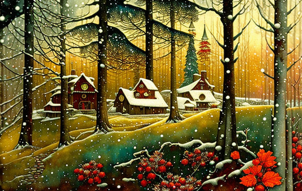 Snow-covered cottages in winter forest with red berries and falling snow.