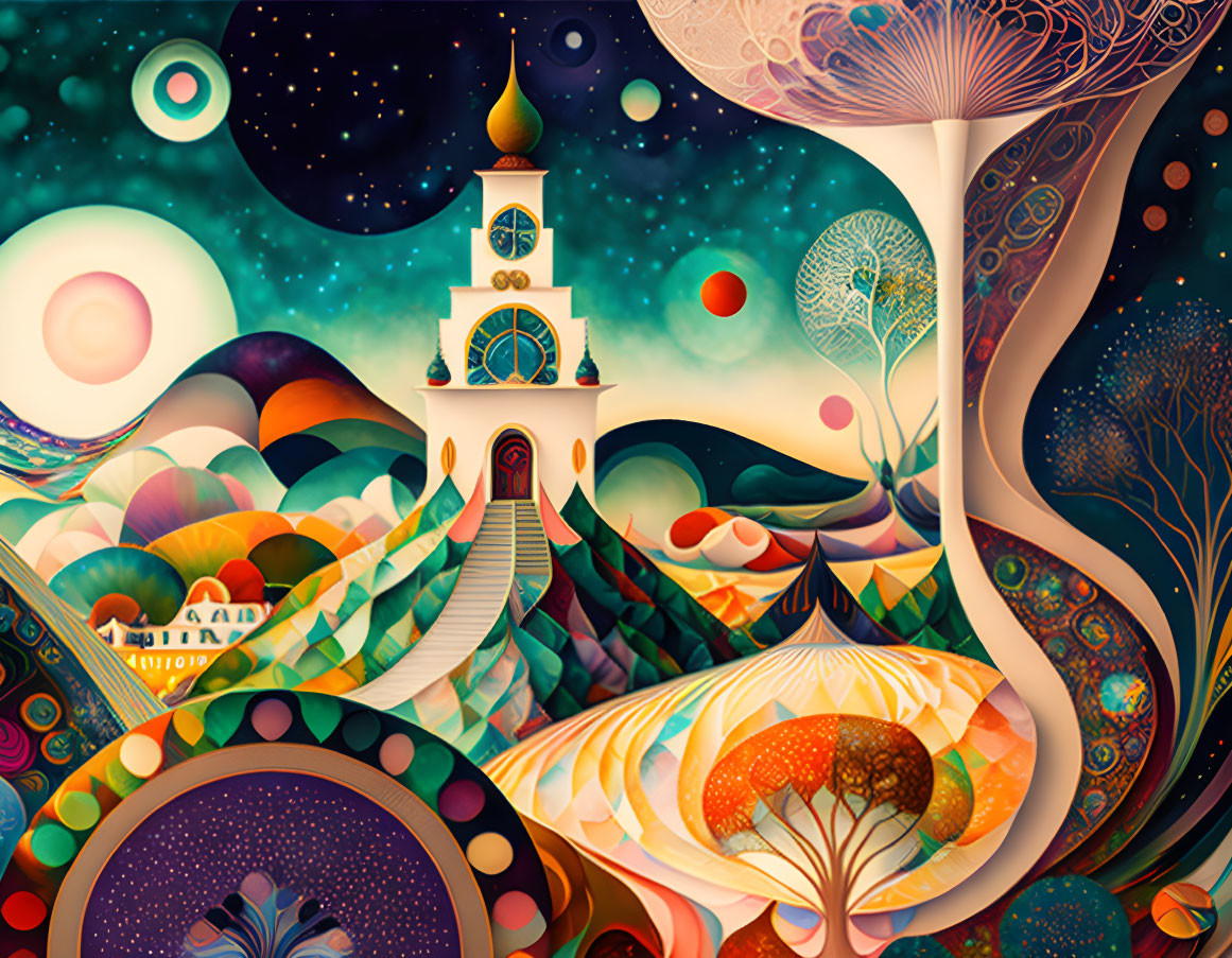 Fantastical landscape with whimsical castle and swirling trees