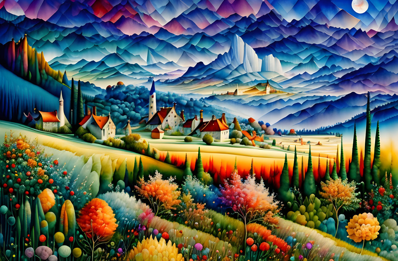 Colorful Stylized Painting: Pastoral Village & Rolling Hills