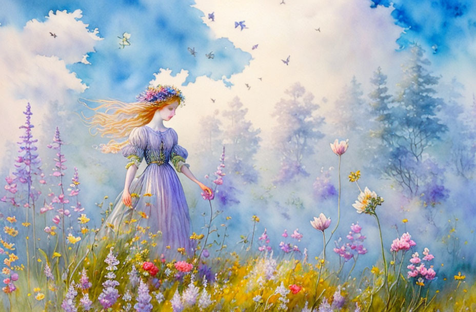 Colorful Painting of Young Woman in Meadow with Flowers and Butterflies