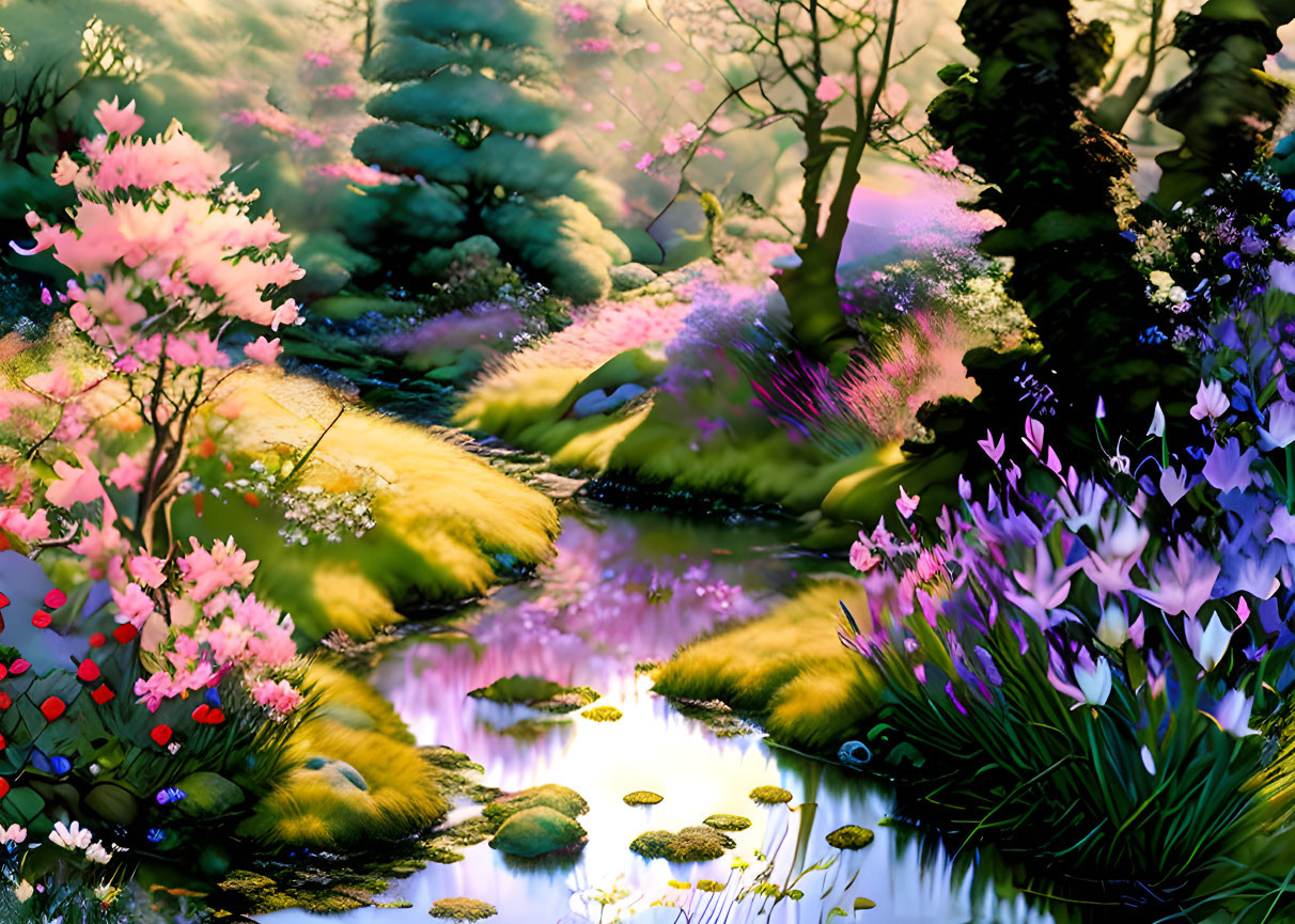 Colorful Garden Scene with Stream and Blooming Flowers