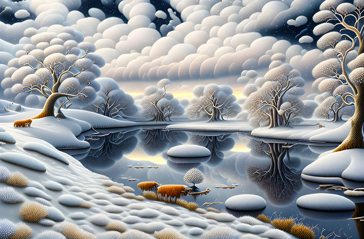 Snowy Trees, Frozen River, Fox, and Hedgehog in Winter Scene