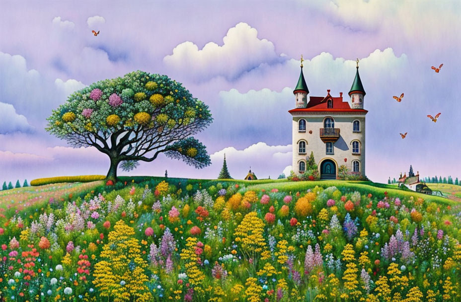 Colorful castle painting with flowers, tree, hills, butterflies, and clouds