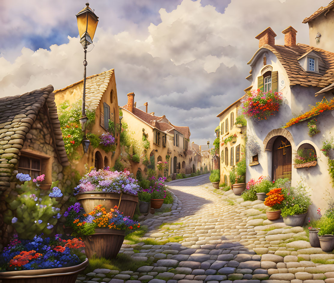 Picturesque cobblestone street with colorful flower-adorned houses under cloudy sky