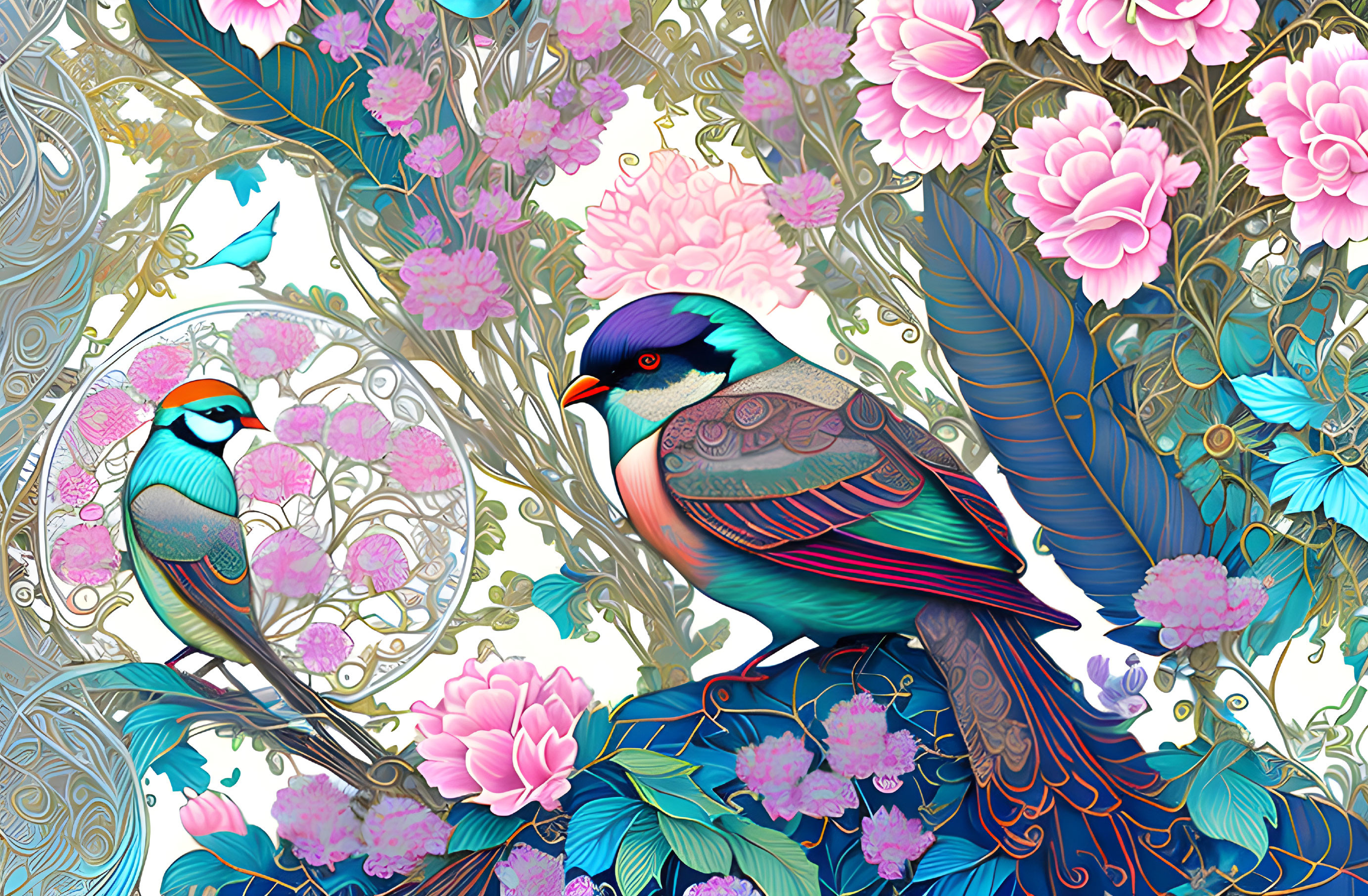 Colorful Birds Among Lush Flowers and Ornamental Patterns