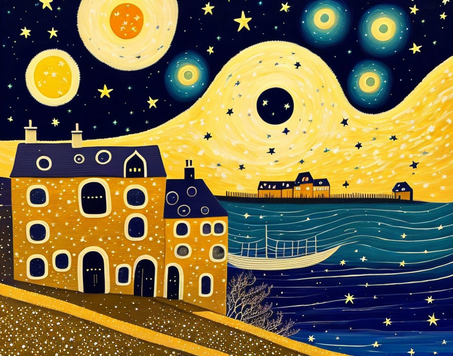 Night Scene Illustration: Starry Skies, Houses on Hill, River, Bridge in Van G