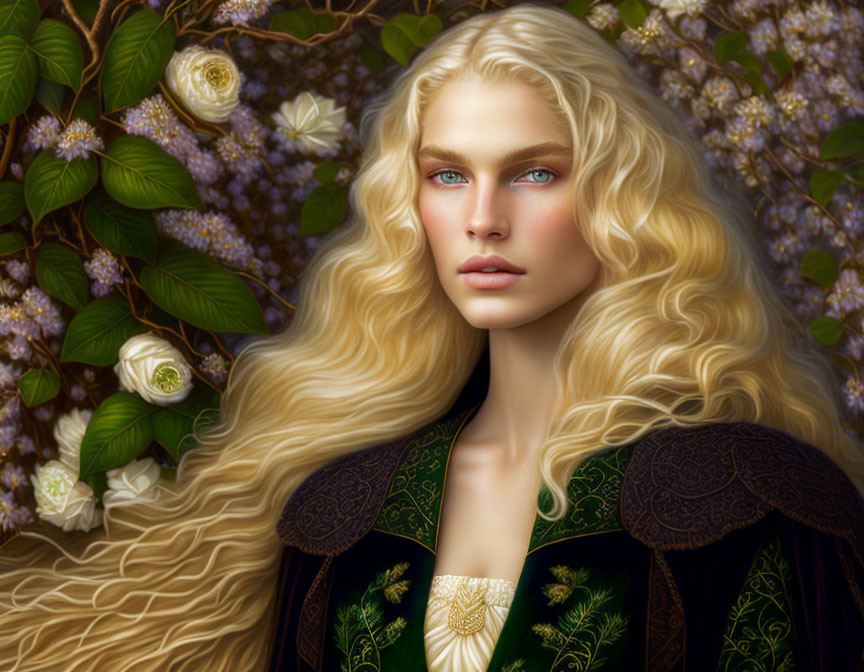 Fantasy character portrait with blonde hair, blue eyes, and ornate green and gold attire among blo