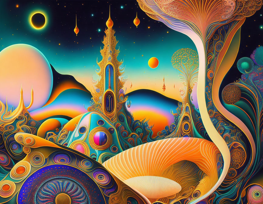 Colorful Psychedelic Landscape with Surreal Structures and Celestial Bodies