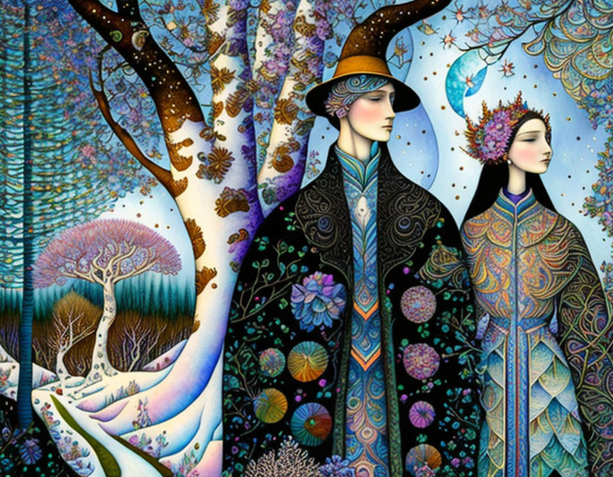 Elegant figures in ornate clothing in vibrant mystical forest