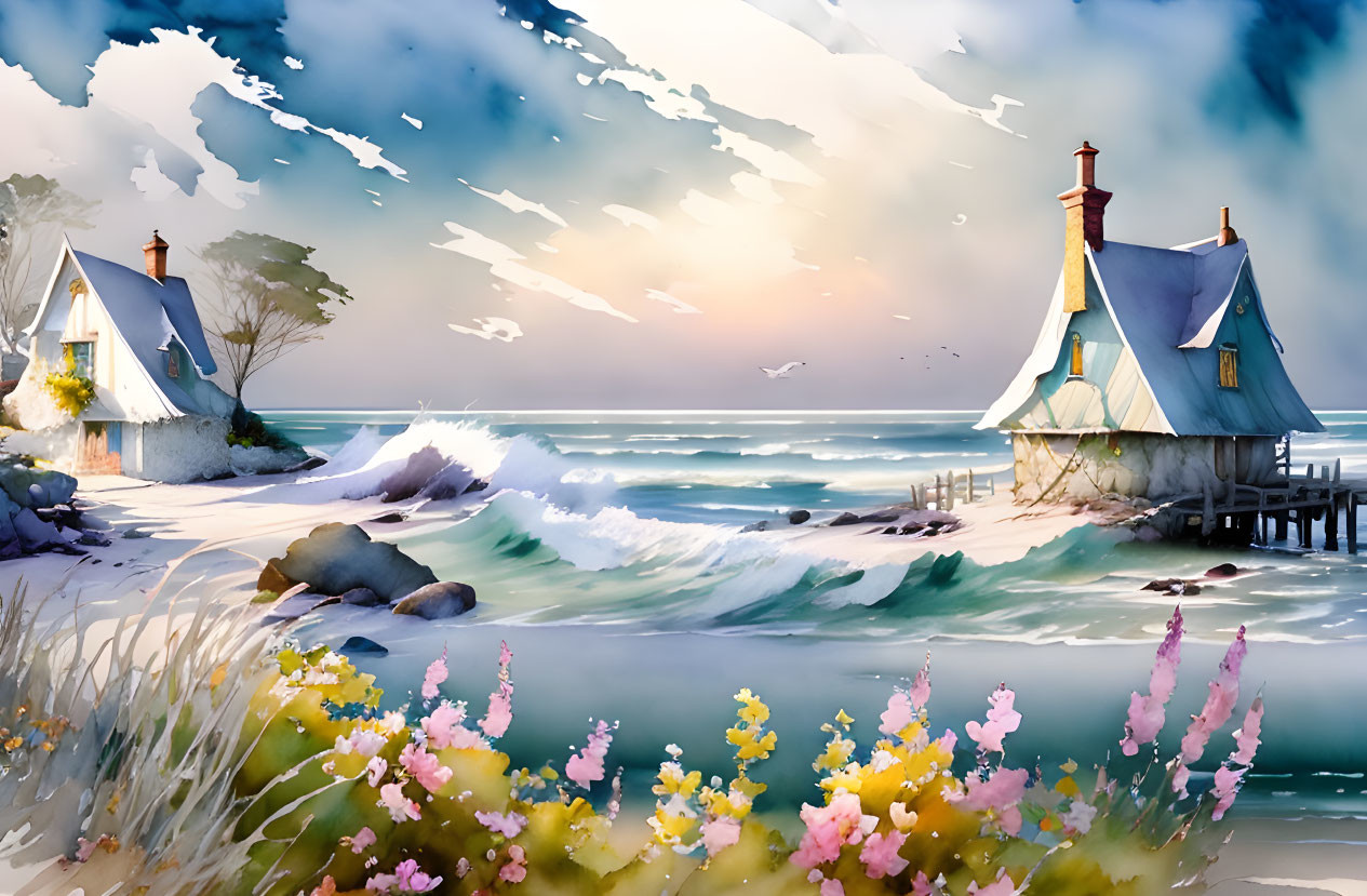 Tranquil digital painting of seaside houses with crashing waves and wildflowers