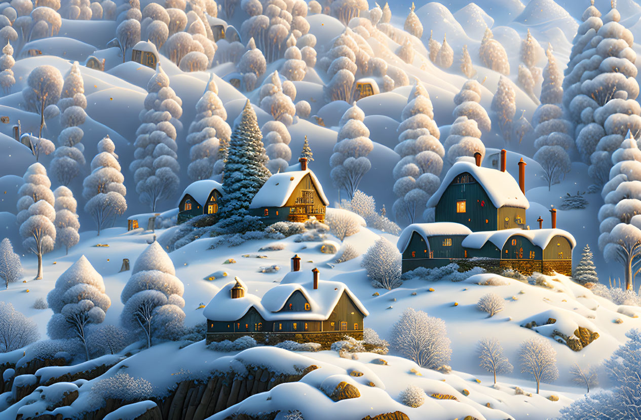 Snow-covered Winter Landscape with Cozy Houses and Golden Sky