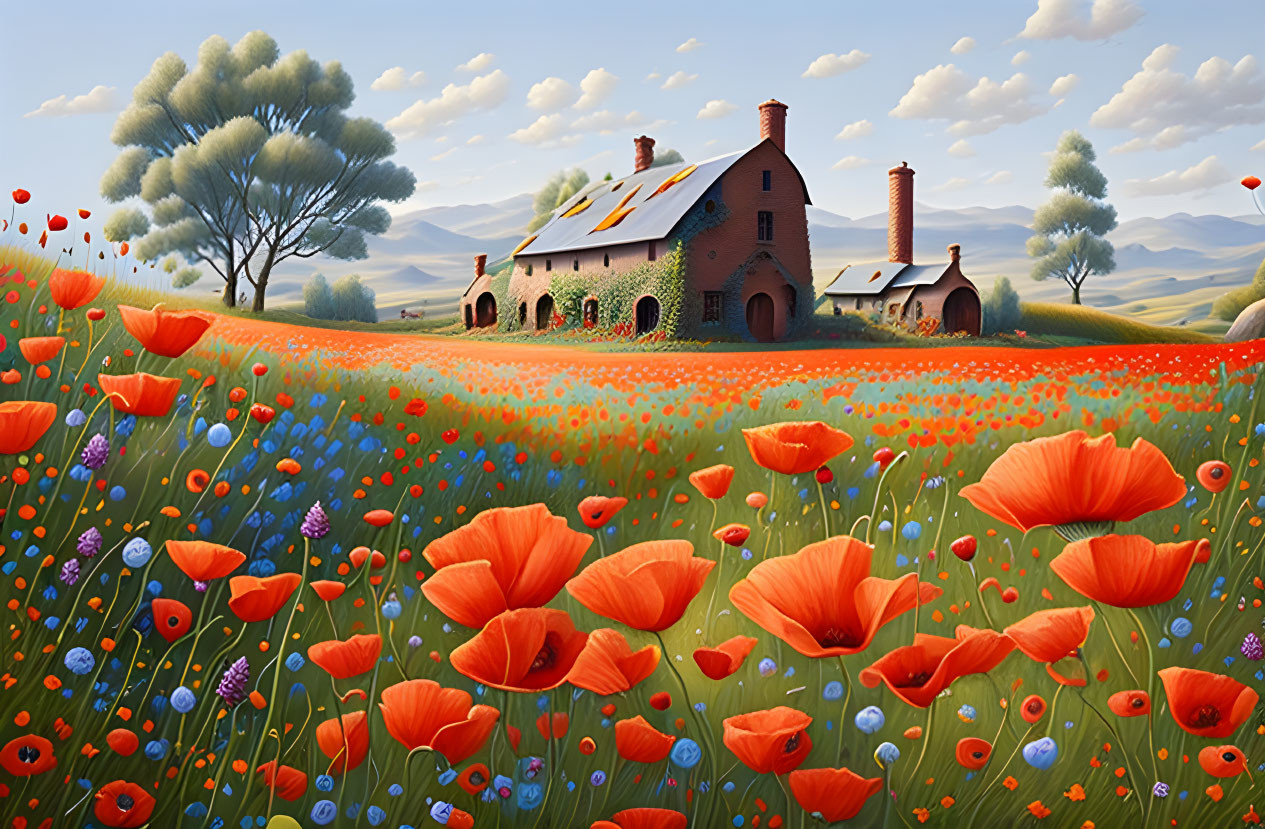 Vibrant red poppies, brick house, rolling hills, and clear sky landscape.