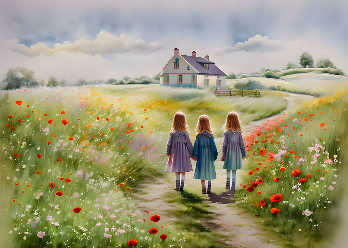 Three young girls in colorful flower field near quaint house under cloudy sky