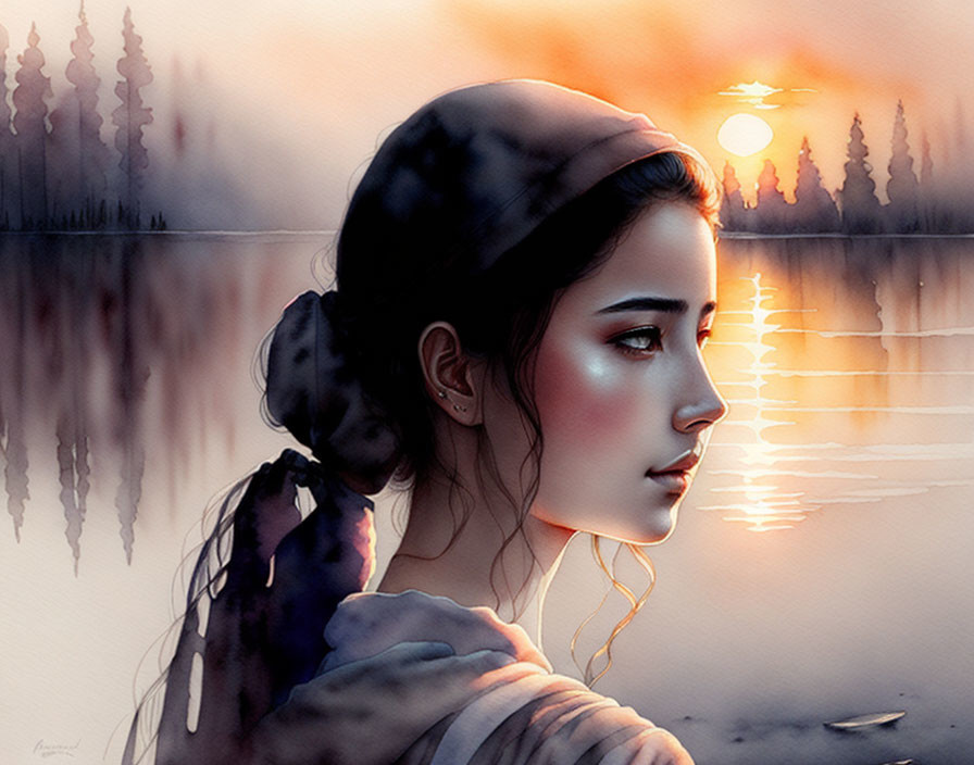 Serene young woman gazing at sunset over tranquil lake