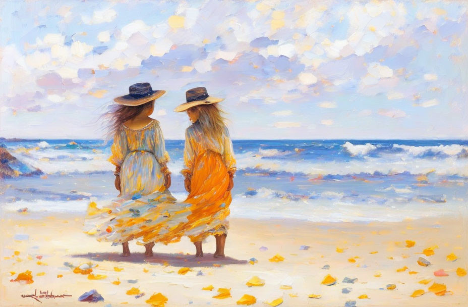 Two figures in hats and flowing dresses walking on sunny beach with waves and seashells.