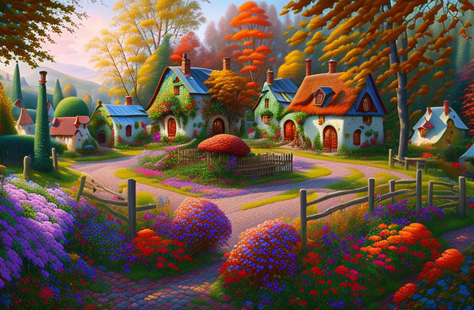 Idyllic village painting with cottages, trees, and flowers under sunset sky