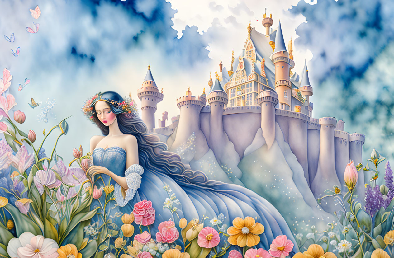 Woman in Blue Dress with Floral Headpiece Sitting by Whimsical Castle amid Blooming Flowers and Mist