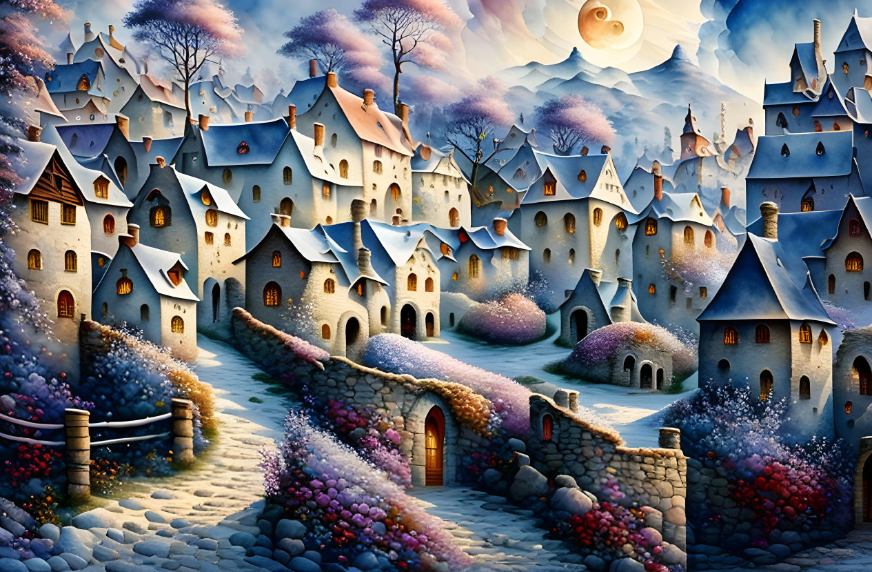 Snowy village illustration: quaint houses, glowing windows, colorful bushes, twilight sky, large moon.